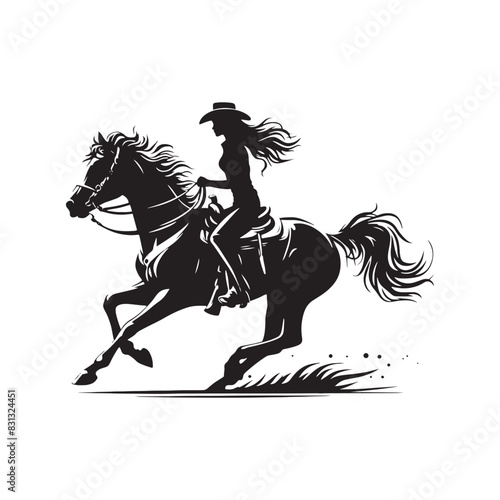 Cowgirl Horse Riding Silhouette - Sunset Ride - Minimallest Cowgirl Horse Riding Vector 