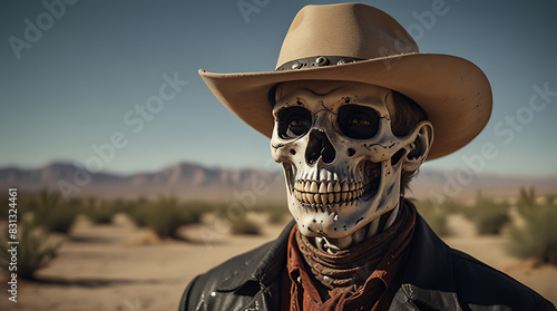 A portrait of a skeleton cowboy man with a hat in hot desert town in background with copy space
 photo