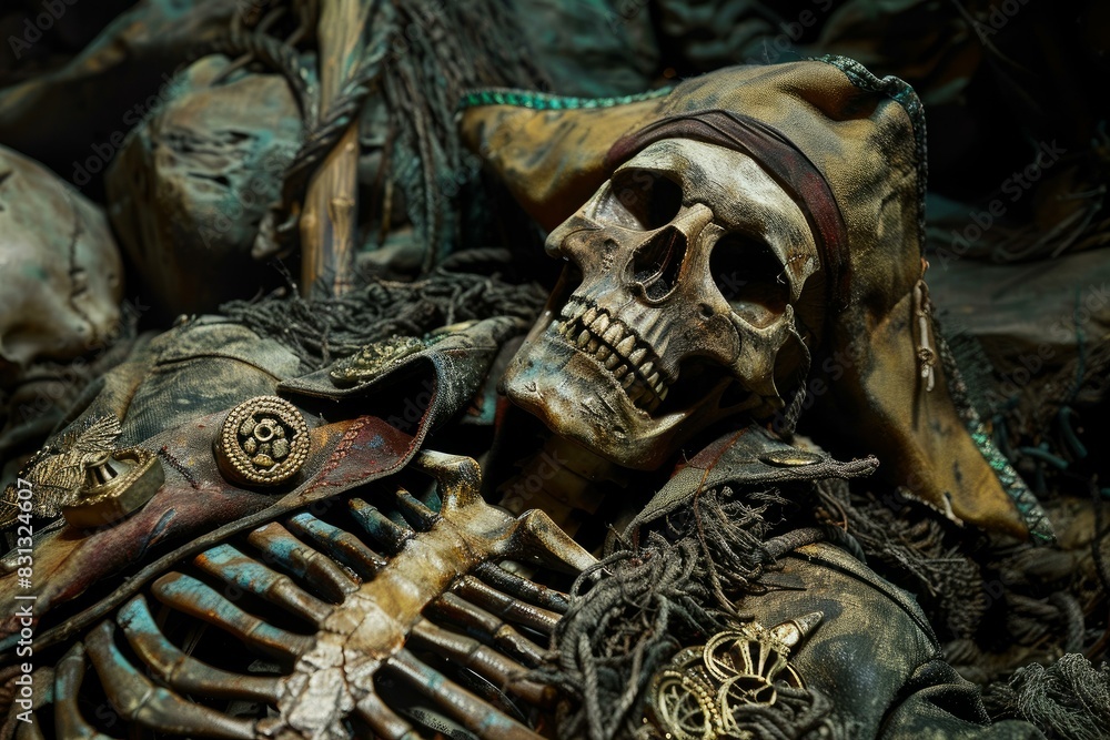 Obraz premium Eerie vintage scene, pirate skeleton amidst treasures in a dark and spooky atmosphere, perfect for halloween costume with bone hat and gold