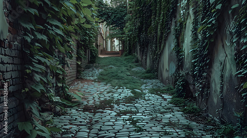 A narrow, dark alleyway with vines growing on the walls