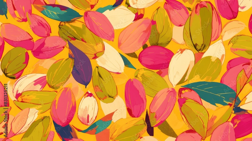 An intriguing design featuring large identical pistachios arranged in a pattern is used for a vibrant and colorful wallpaper print This abstract pattern is created by incorporating multiple