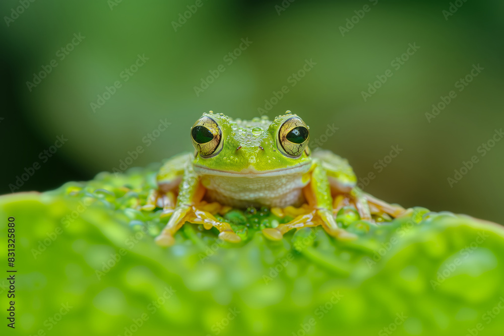 Close-up photo of a wet, green frog with glistening water droplets on it