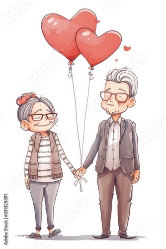 drawing of an old couple holding hands and smiling, standing next to each other with heart shaped balloons on a white background