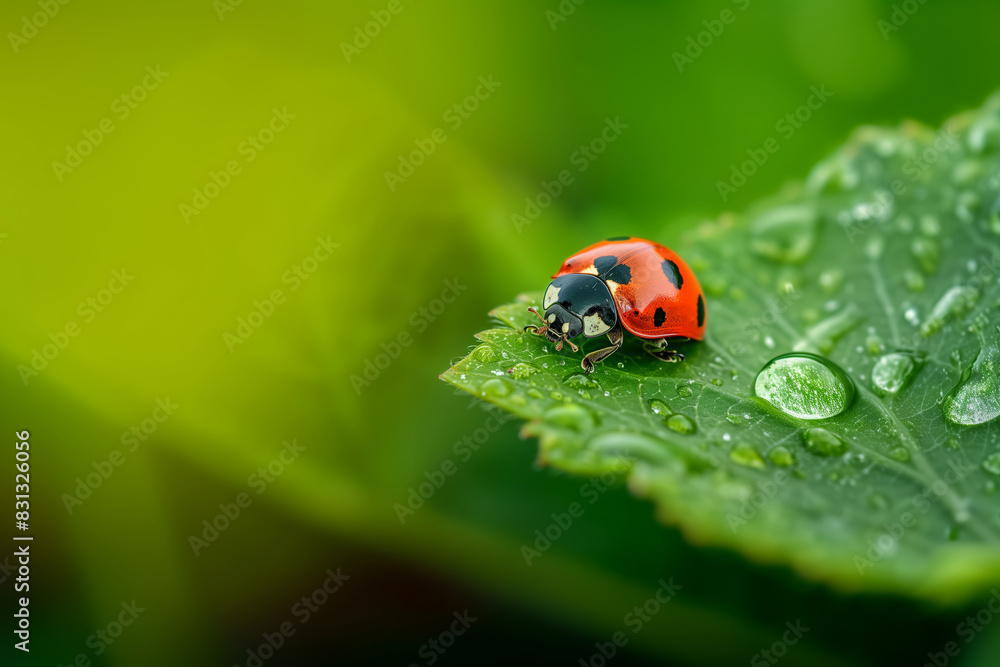 A brightly colored ladybug is captured on a vibrant green leaf with scattered water droplets, highlighting its vivid red shell A brightly colored ladybug is captured on a vibrant green leaf with scattered water droplets, highlighting its vivid red shell