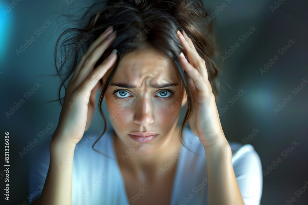 Obraz premium Intense portrait of a young woman with hands on her forehead, signaling deep concern or headache
