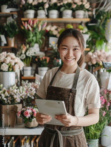 Happy smiling girl florist holding a tablet at a flower shop