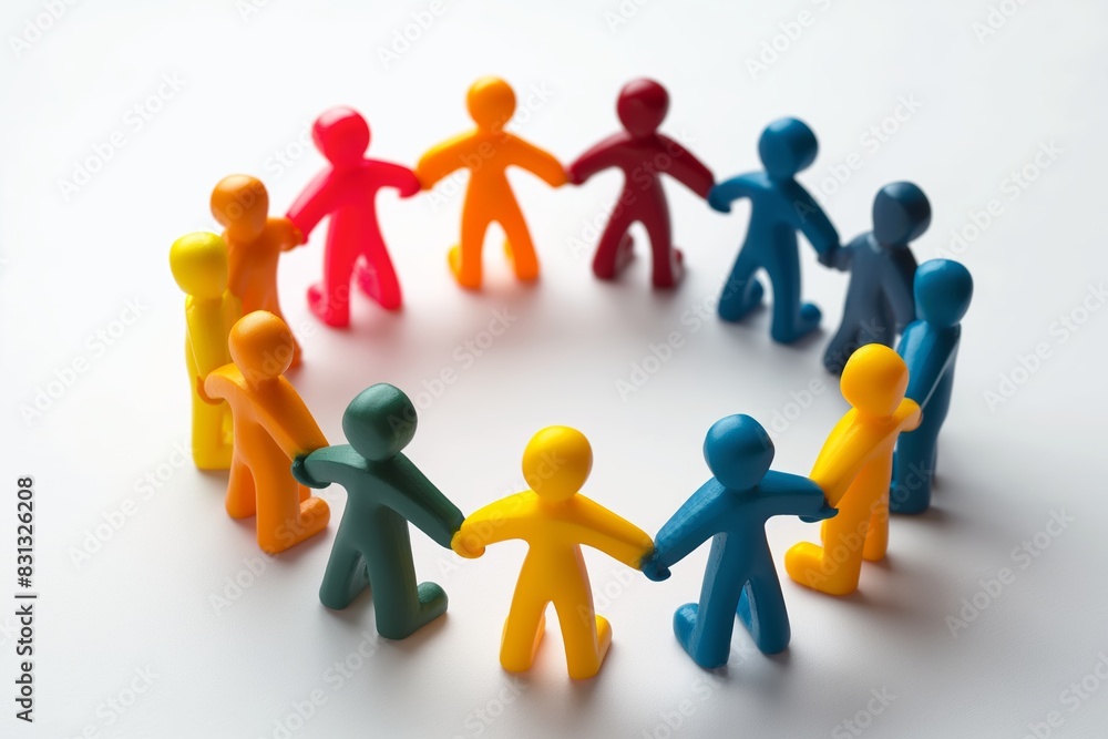 A circle of diverse, colorful plastic figures holding hands in unity A circle of diverse, colorful plastic figures holding hands in unity
