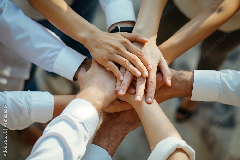 Overhead view capturing a group of people stacking hands together as a sign of unity Overhead view capturing a group of people stacking hands together as a sign of unity