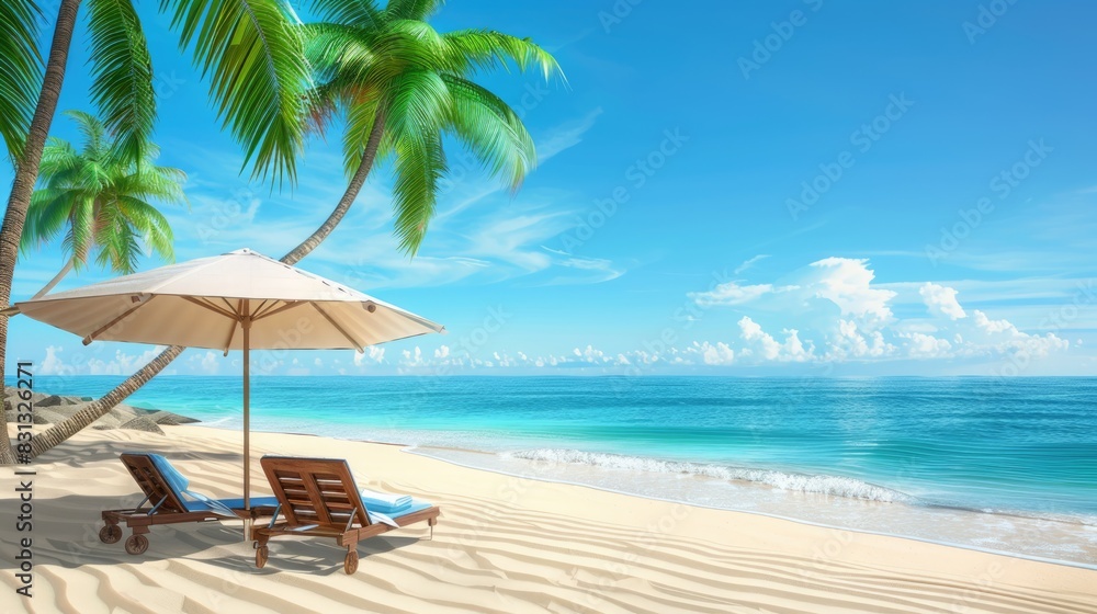 A beautiful beach background for a summer trip. Bright sun, palm tree and beach chairs on the sand against a beautiful blue sea and blue sky. A beautiful beach background for a summer trip. Bright sun, palm tree and beach chairs on the sand against a beautiful blue sea and blue sky.