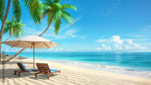 A beautiful beach background for a summer trip. Bright sun, palm tree and beach chairs on the sand against a beautiful blue sea and blue sky.