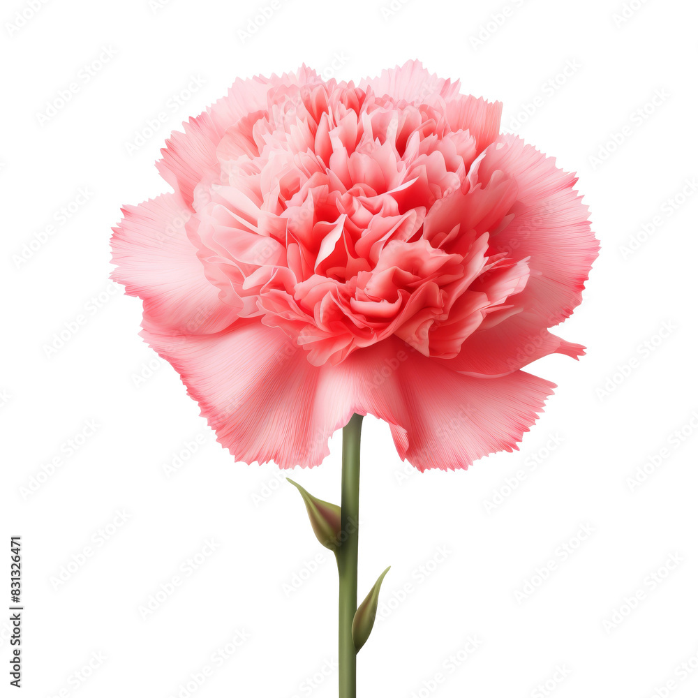 A single pink carnation flower with a green stem and bud, isolated on a black background. A single pink carnation flower with a green stem and bud, isolated on a black background.