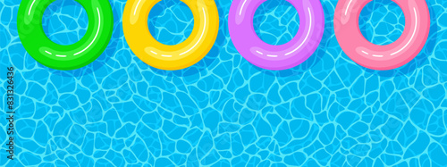 Summer swimming pool banner with copy space. Set of multicolored inflatable circles floating on the water surface. Vector illustration in flat style