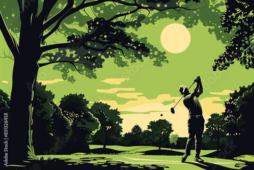 golf course, clubs and player in minimalist vector