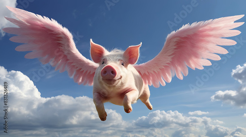 A portrait of a pink flying pig with angel like wings above clouds in the blue dreamy sky with copy space 