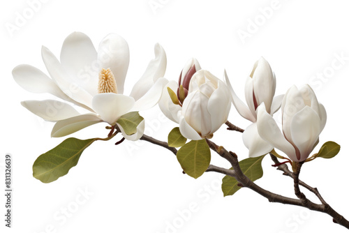 Close-up of three white magnolia blossoms on a branch with green leaves. © AshrofS