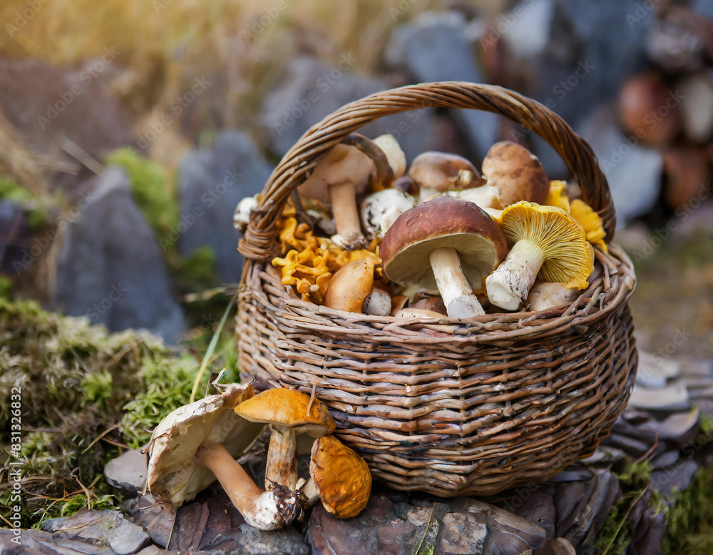 wicker basket with mushrooms in the autumn forest. Selective focus. wicker basket with mushrooms in the autumn forest. Selective focus.