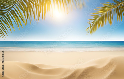 Beautiful background for summer vacation and travel Golden sand of tropical beach, Tropical summer sand beach and bokeh sun light on sea background Generative AI 