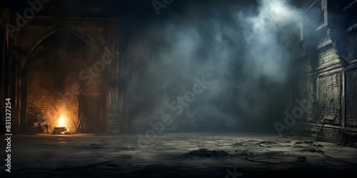 Large dimly lit room with smoke damp walls and rough textures. Concept Haunted House, Abandoned Mansion, Creepy Atmosphere, Dark Desolation, Mysterious Interior photo