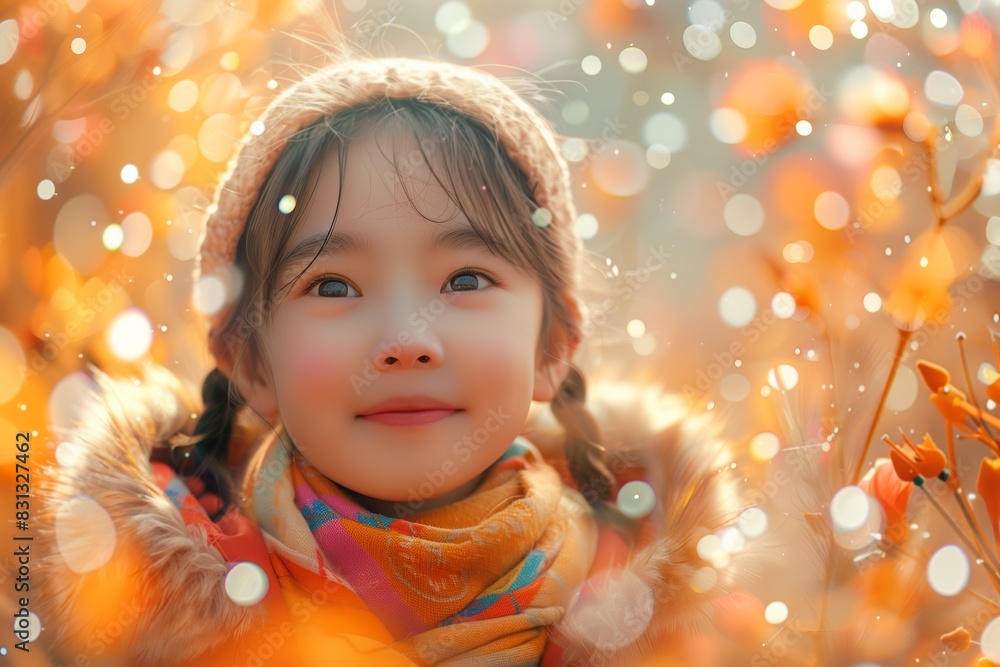 Asian young girl with pigtails in pink hat and orange scarf and jacket smiles on orange warm background with bokeh and space for text. Concept of happy child, children's day