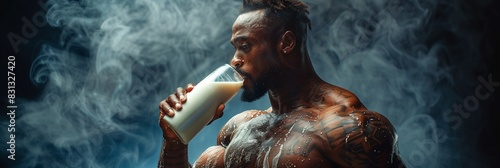 Black African American bodybuilder drinks milk, protein shake from glass on dark background with smoke. Banner with place for text. Concept of fitness, health sport nutrition, world milk day