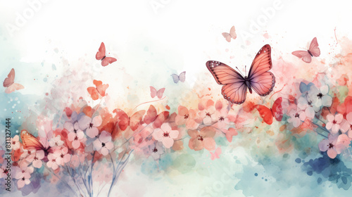 Beautiful watercolor artwork of butterflies and flowers, creating a dreamy, delicate nature scene. Perfect for artistic and decorative use.