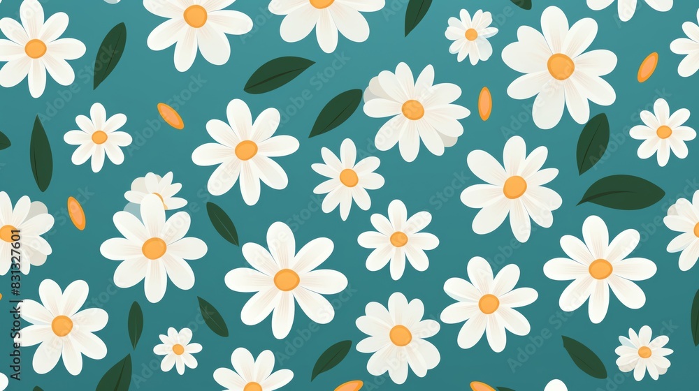 Obraz premium Create a seamless pattern with a light blue background and white flowers with yellow centers. The flowers should be evenly spaced and there should be green leaves in between them.