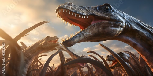Closeup of Brachiosaurus fending off smaller predators showcasing its size and strength. Concept Dinosaur, Brachiosaurus, Predators, Size, Strength photo