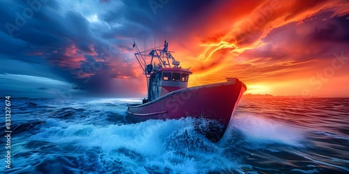 A sturdy fishing boat navigates stormy seas under dramatic clouds. Concept Nature, Stormy Weather, Adventure, Fishing, Seafaring