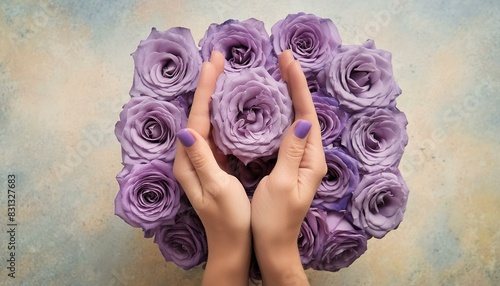 The delicate hands of a woman hold a beautiful purple rose seen from above photo