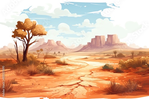 A lone tree stands in the middle of a vast desert. The sky is clear and the sun shines brightly. The only sound is the wind blowing through the sand.