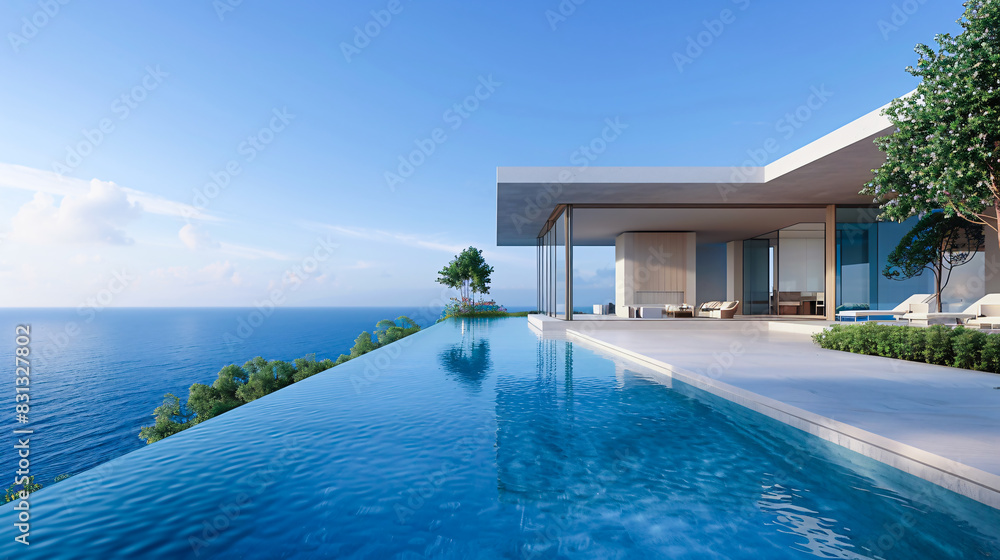 Fototapeta premium Modern house with ocean-view pool. Generative by AI