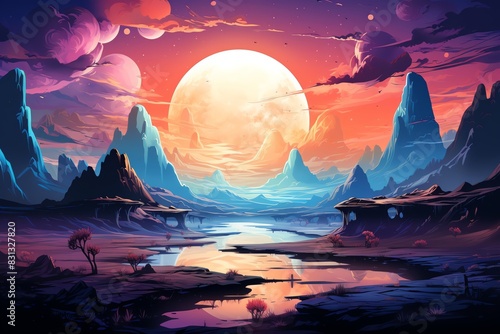 A beautiful landscape painting of a distant planet with a large moon and colorful sky photo