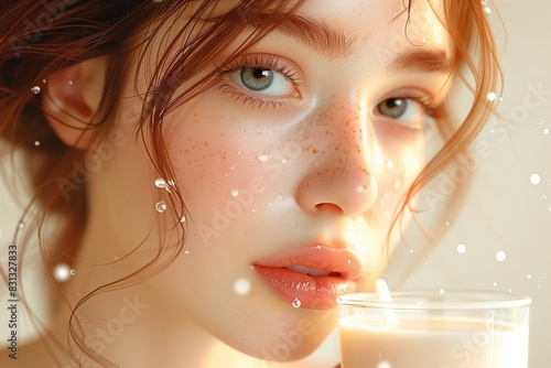 Young woman with freckles holding glass of milk. Close up of young woman with freckles and dewy skin, intense blue eyes and soft lips are highlighted. Milk concept. World Milk Day