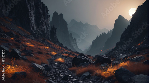 Amidst the Haunted Mountains, predatory beings with eyes that glow in the darkness stalk their prey, their stone-like skin blending with the craggy terrain, Generative AI photo