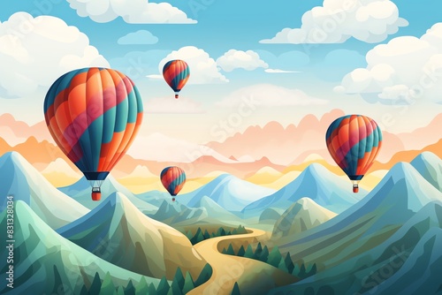 Hot air balloons floating over a mountain landscape