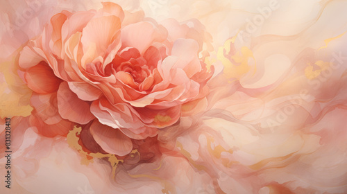 Elegant digital floral artwork featuring a beautiful peach rose with soft  pastel swirls and abstract golden accents. Perfect for decor.