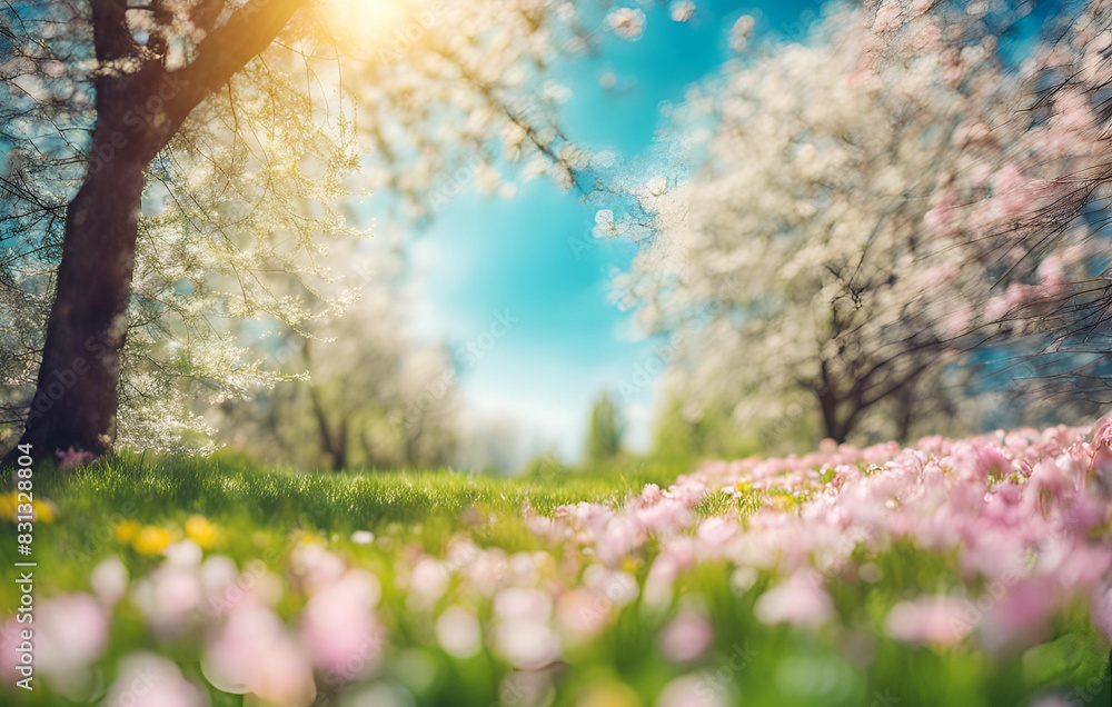 Obraz premium An Image Of A Flowery Field With Trees Background, Beautiful blurred spring background nature with blooming glade, AI generated Blossoming pink cherry trees in vibrant spring meadow Pro Photo