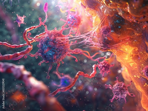 A detailed illustration of viruses invading a human cell, showing colorful interactions and structures against a vibrant background