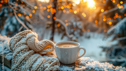 Wallpaper Mural Knitted scarf lie next to cup of hot coffee on wooden railing of terrace, painted white, on background of snow-covered fabulous winter fir forest. Atmosphere of New Year's. Christmas greeting card. Torontodigital.ca