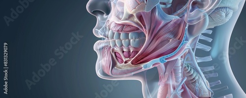Anatomical side view of human face showing soft palate of pale pink and light blue. The character's mouth is open with visible throat, showcasing detailed interior structure of pharynx and esophagus photo