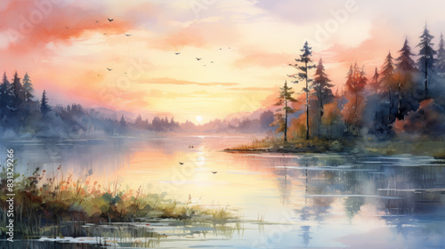 Serene landscape of a tranquil lake at sunset, surrounded by trees and reflected sky, creating a peaceful and calming atmosphere.