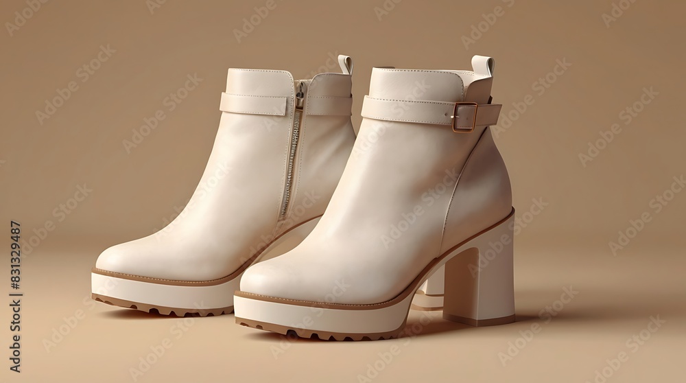 white boot with a stiletto heel is sitting on a beige-colored surface. white boot with a stiletto heel is sitting on a beige-colored surface.