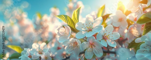 A closeup of cherry blossoms against a bright blue sky  with delicate petals and vibrant green leaves  sharp focus  high detail  photorealistic style 