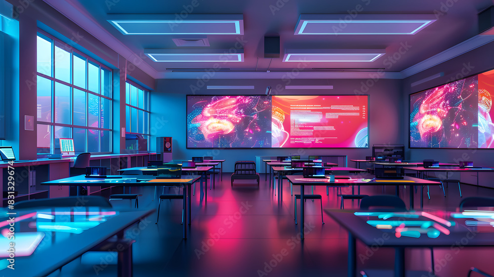 A classroom with a projector screen and a whiteboard A classroom with a projector screen and a whiteboard