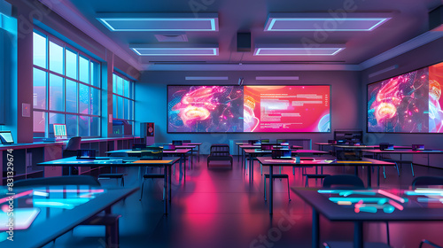 A classroom with a projector screen and a whiteboard photo