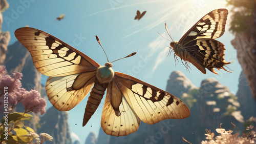 In the Domain of Giants, enormous moths flutter with wingspans that blot out the sky, their delicate patterns shimmering in the sunlight, Generative AI