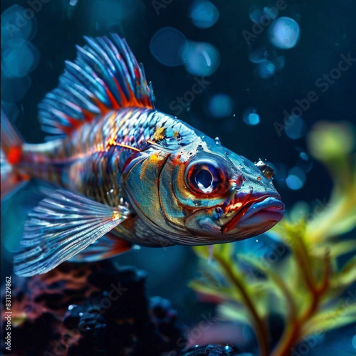 Leuchtender Fisch mit Wasserpflanzen im Hintergrund - Fisch in wundersch  ner Farbe er leuchtet f  rmlich.