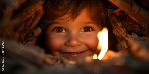 Childs joyful face illuminated by bonfire eyes sparkling wide smile expressing delight. Concept Portrait Photography, Child's Emotions, Bonfire Light, Wide Smile, Expressing Delight