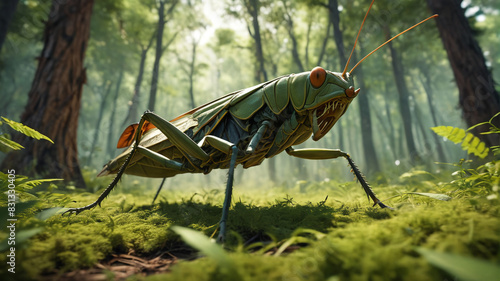 Amidst the Nest of Behemoths, gargantuan grasshoppers leap with thunderous force, their powerful legs propelling them through the dense foliage of the oversized forest, Generative AI photo
