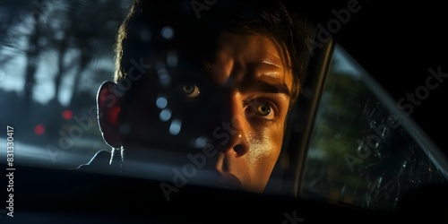Character watches intense scene through car window reflecting dramatic action in film. Concept Film Noir, Suspenseful Moment, Character Emotion, Intense Scene, Reflections photo